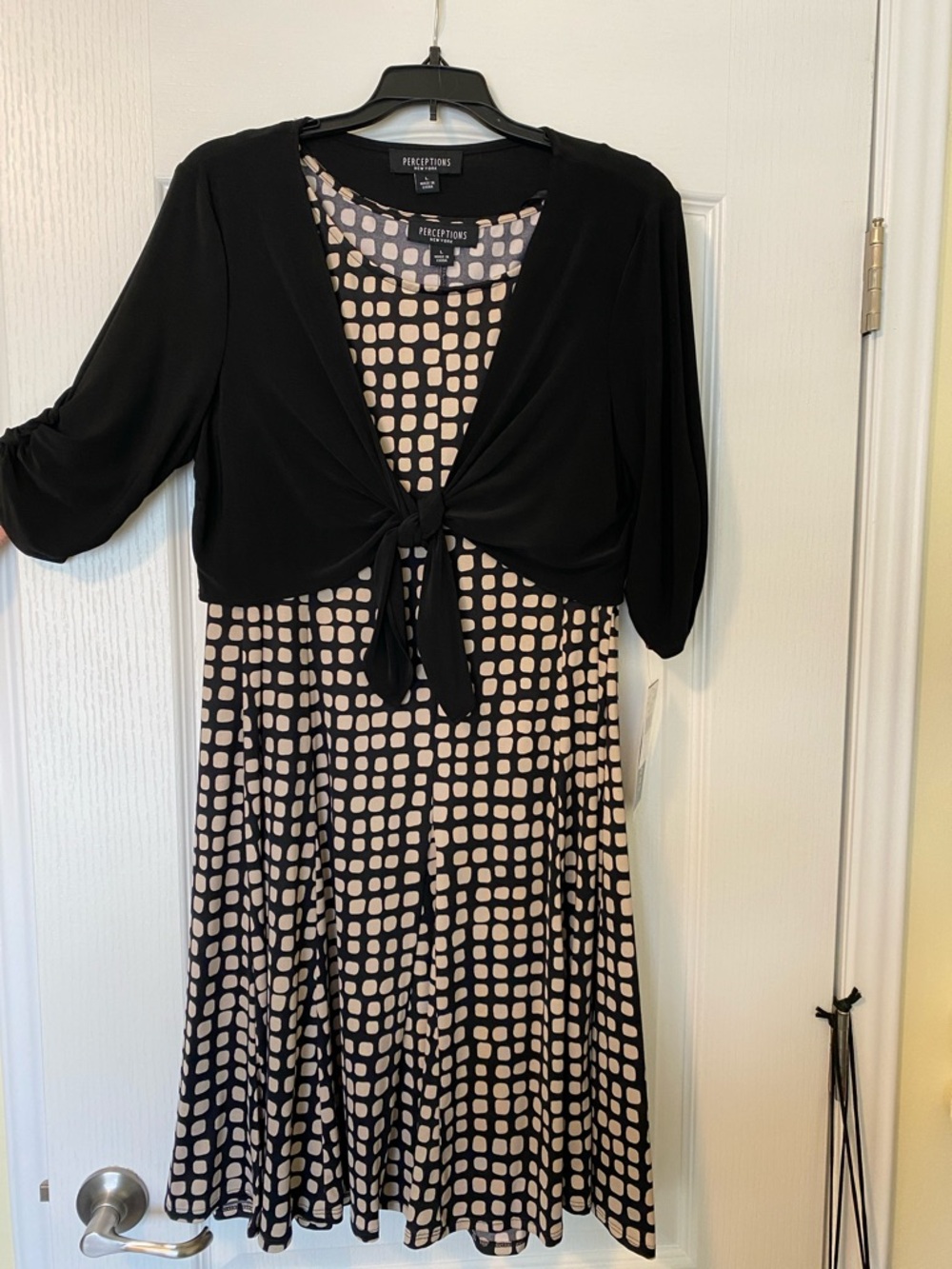 Perceptions Black & Beige Printed Midi Dress with Tie-Front Bolero